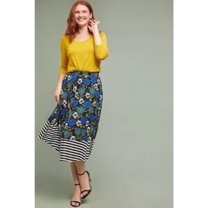 NWT Anthropologie (Lost + Wander) | Floral and Striped Pleated Midi Skirt | L